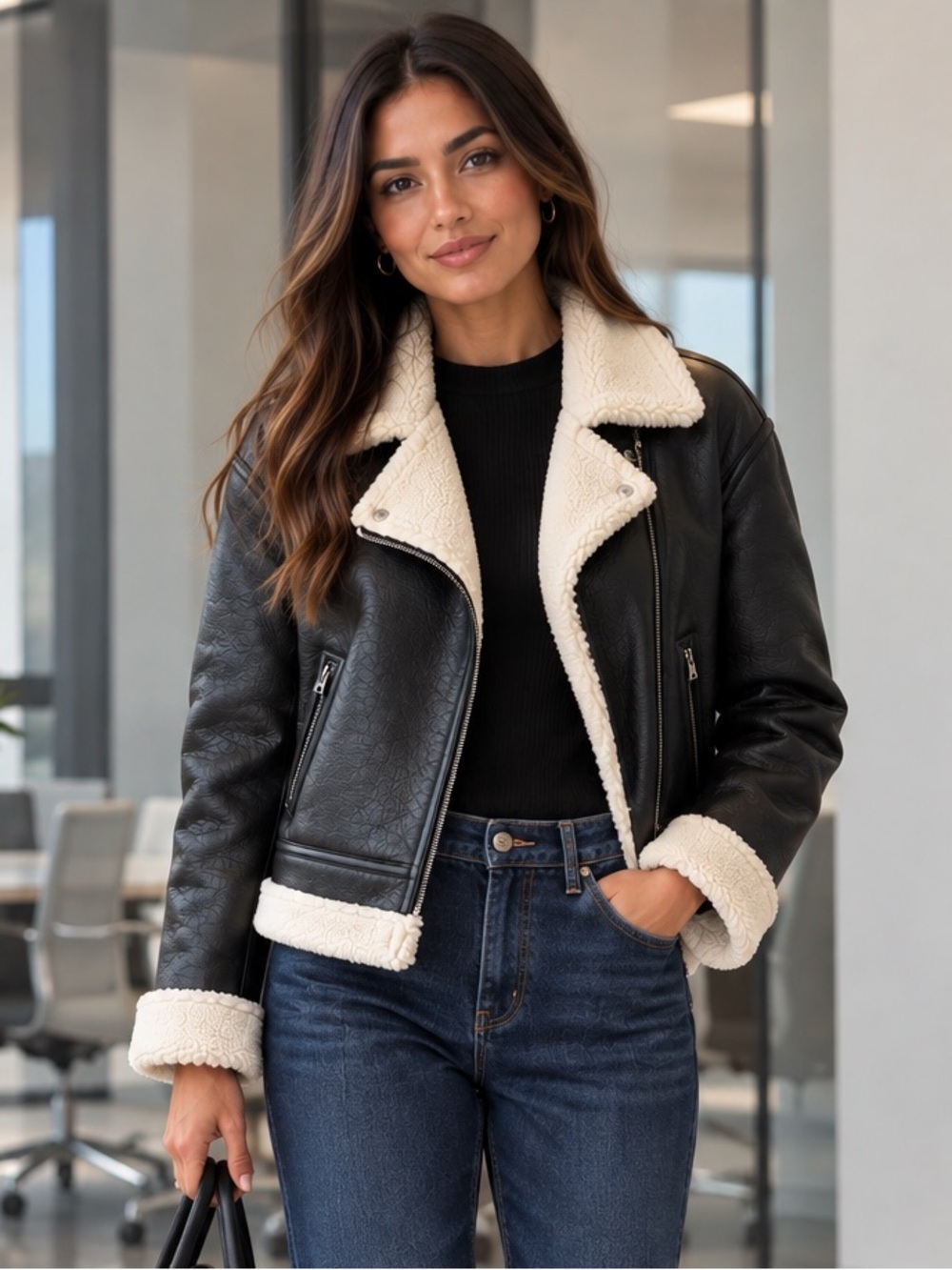 Aeropostale Black Faux Leather Jacket with Cream Sherpa Trim